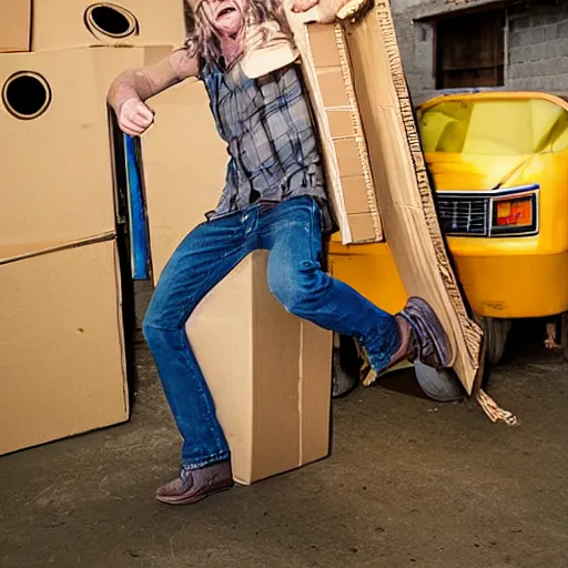 Prompt: long - haired blonde hillbilly kicking cardboard boxman