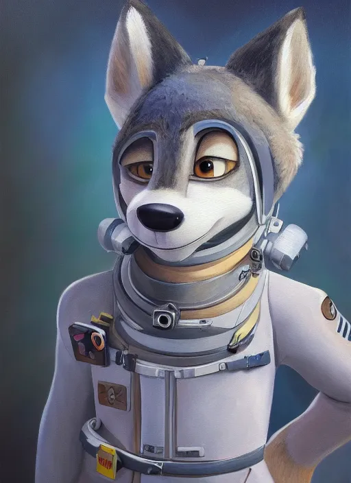 Image similar to oil painting detailed full body of anthromorphic female wolf, in style of zootopia, zootopia, zootopia, fursona, furry, furaffinity, 4 k, deviantart, furry art, fursona art, wearing astronaut outfit, in style of zootopia, wolf fursona, cyberpunk, female, expressive, detailed feminine face,