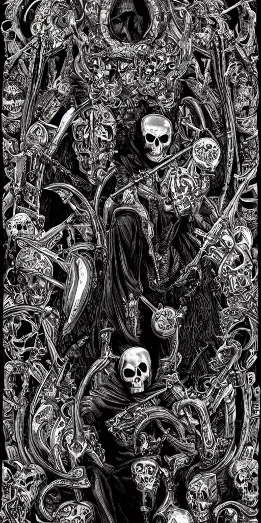 Prompt: ”hooded skeleton holding a scythe reading a book while sitting high up on a towering throne made of skulls roses and hourglass, souls of the damned swirling in the background, [ultra detailed, contrast, ornate and intricate, art by joe fenton]”