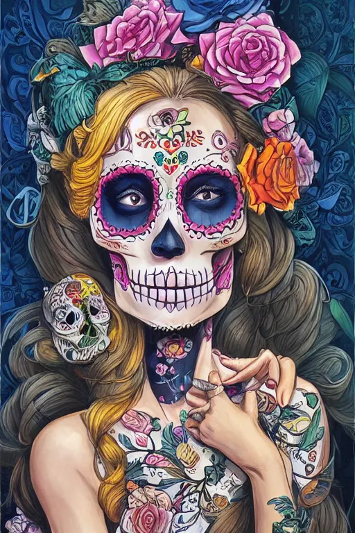Prompt: illustration of a sugar skull day of the dead girl, art by jesper ejsing