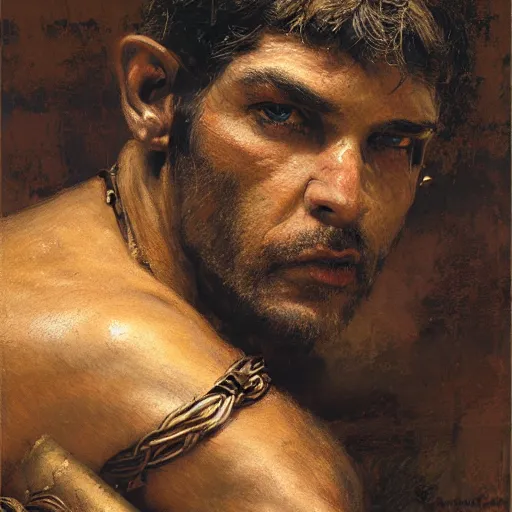 Image similar to a scrappy bronze age thief man, ancient mesopotamia, hiding, opportunistic expression, sword and sandal character portrait by gaston bussiere, craig mullins, greg rutkowski