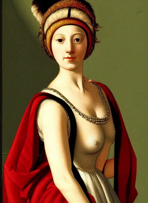 Image similar to portrait of young woman in renaissance dress and renaissance headdress, art by giovanni gastel