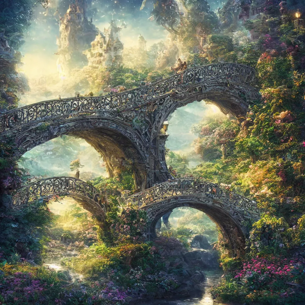 Image similar to 3 d high relief painting of fairyland bridge, outside of time and space, dreamy, romantic, gorgeous lighting, well lit, backlit, dramatic cinematic lighting, intricate, highly detailed, octane render, 8 k