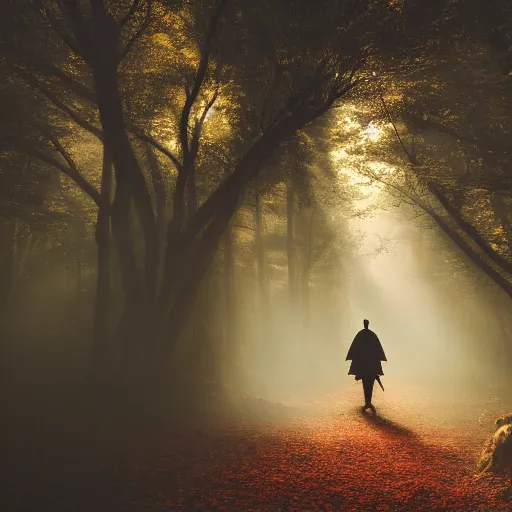 Image similar to a samurai walks alone through the light woods, bright, scenic, lively, cinematic lighting, intricate detail