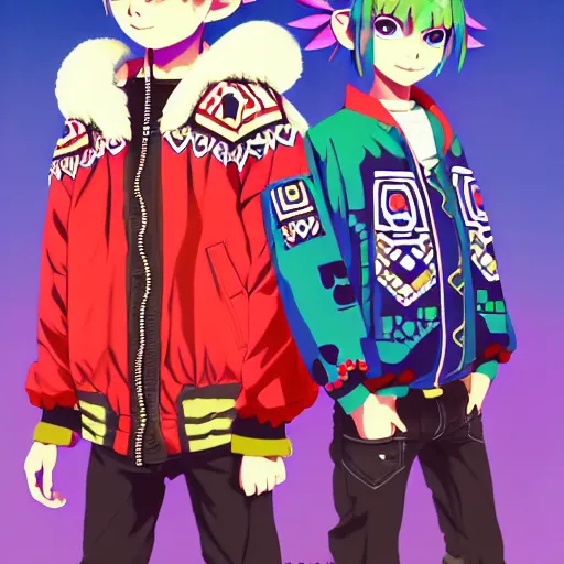 Image similar to majora majora's mask wearing oversized mayan bomber jacket with overalls, bulky poofy bomber jacket with mayan patterns, aztec street fashion, genshin impact art style, gapmoe yandere grimdark, trending on pixiv fanbox, painted by greg rutkowski makoto shinkai takashi takeuchi studio ghibli, akihiko yoshida