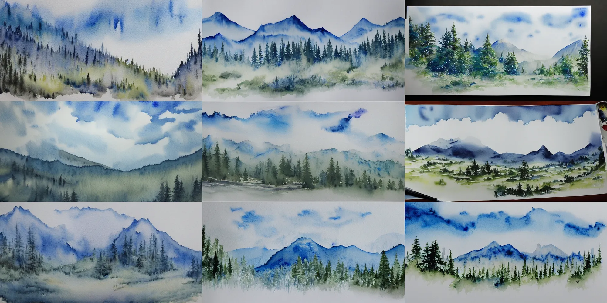 Prompt: modern highly detailed watercolor painting white sky and blueish landscape forest mountainous trending on artstation