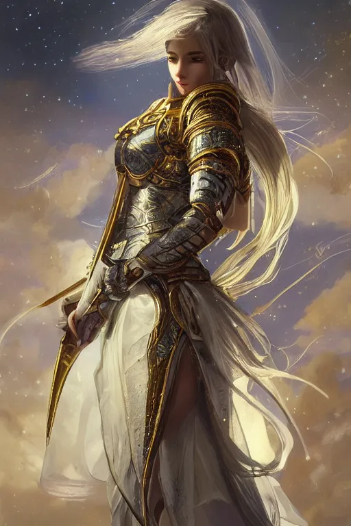 Image similar to portrait knights of Zodiac girl, white color reflected armor, in ruined Agora of Athens moon night and firefly and star sparkles, ssci-fi, fantasy, intricate, very very beautiful, elegant, golden light, highly detailed, digital painting, artstation, concept art, smooth, sharp focus, illustration, art by tian zi and WLOP and alphonse mucha