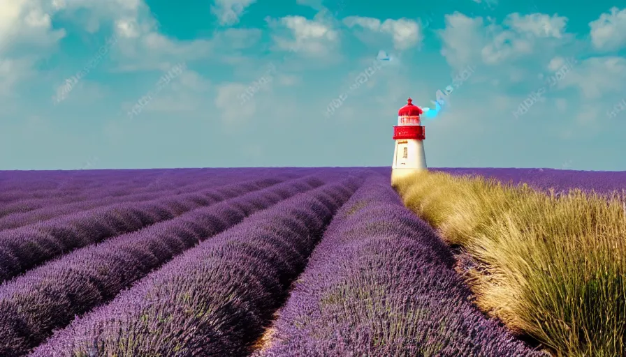 Prompt: wide screenshot, ultrawide, wes anderson film still, lighthouse on a beach near a lavender field