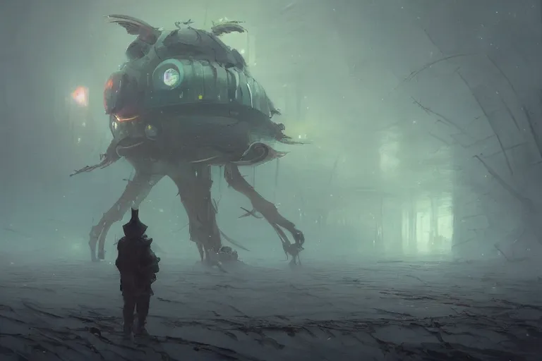 Prompt: jakub rosalski a magical animation from a video game of a spaceship hovering over a foggy winter landscape, by greg rutkowski and frank frazetta and peter mohrbacher and william blake and dan mumford, cinematic lighting, insanely detailed, intricate, artstation, cgsociety, painted by Simon Stalenhag, concept art, illustration, sharp focus