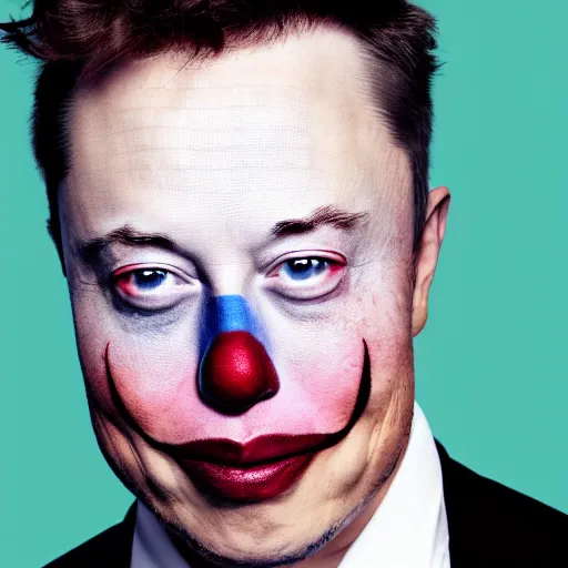 Image similar to Elon Musk with colorful clown makeup whiteface all over his face