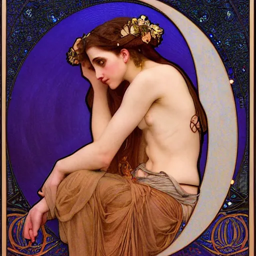 Image similar to detailed portrait art nouveau painting of the goddess of the moon, backlit, who resembles cyborg robot woman Chloe Grace Moretz, and Emma Watson with anxious, piercing eyes, by Alphonse Mucha, Michael Whelan, William Adolphe Bouguereau, John Williams Waterhouse,and Donato Giancola