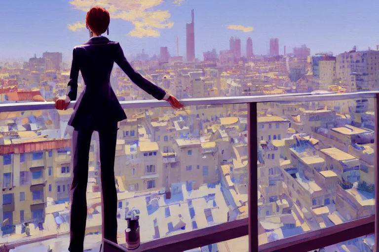 Image similar to A ultradetailed beautiful portrait panting of a stylish woman standing on a balcony overlooking the city, Oil painting, by Ilya Kuvshinov, Greg Rutkowski and Makoto Shinkai