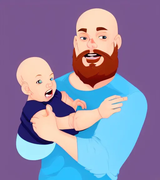 Image similar to a father with short red hair, a short red beard and blue eyes and a chubby face hold his infant baby boy with bald brown hair full color digital illustration in the style of don bluth, artgerm, artstation trending, 4 k