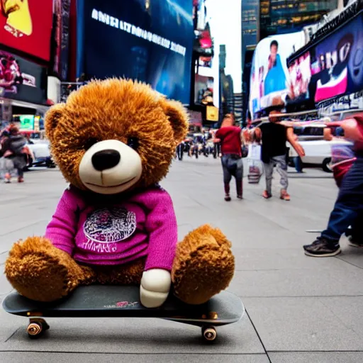 Image similar to a teddy bear on a skateboard in times square