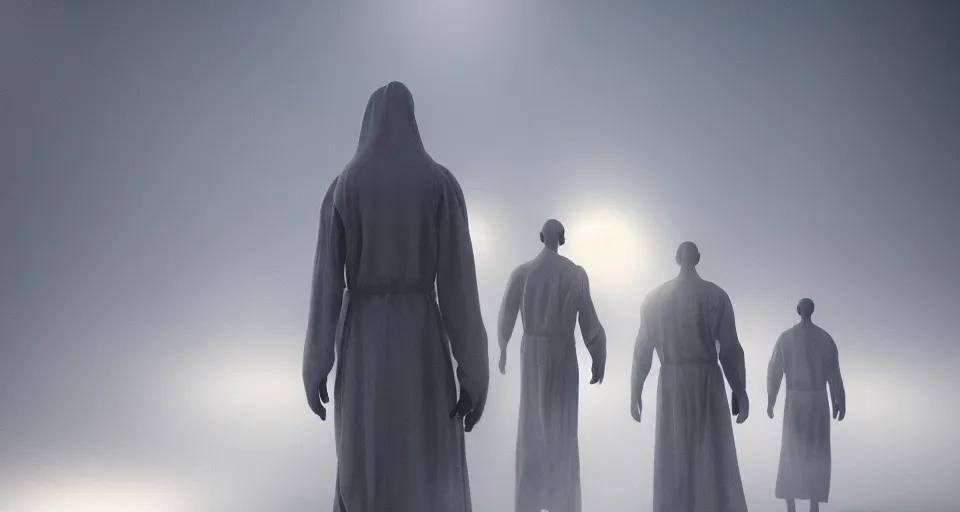 Prompt: a photo of humanoid aliens! wearing robes on a foggy mountain, octane render, unreal engine