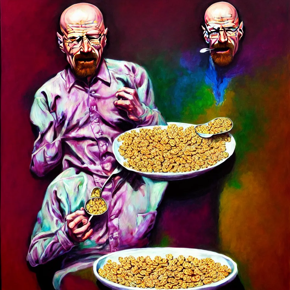 Image similar to weird and disturbing psychedelic walter white eating a bowl of cereal, laughing and puking milk, diffuse lighting, fantasy, intricate, elegant, highly detailed, lifelike, photorealistic, oil painting, illustration, concept art, smooth, sharp focus, art by francis bacon