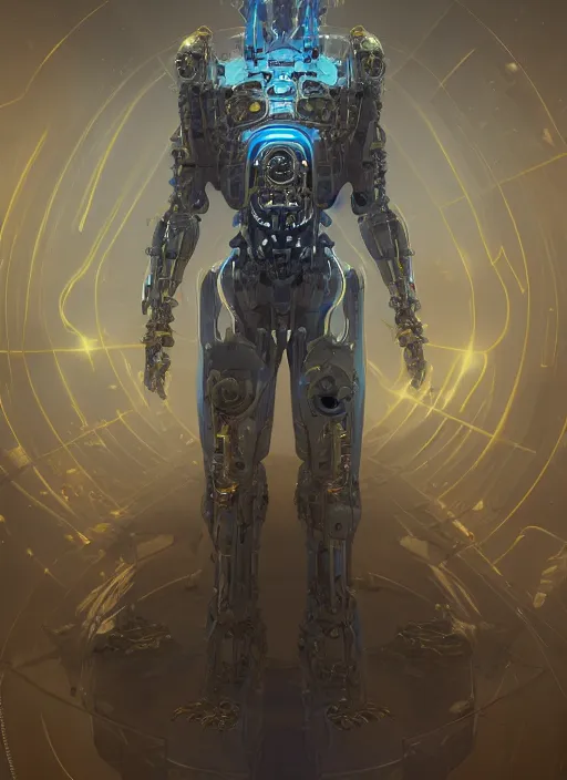 Image similar to benevolent cyborg necromancer, scifi, futuristic, helpful, kind, intelligent, alien room background, white, blue, gold, highly detailed, trending on artstation, soft light, holy machine, advanced technology, art by vitaly bulgarov and nivanh chanthara