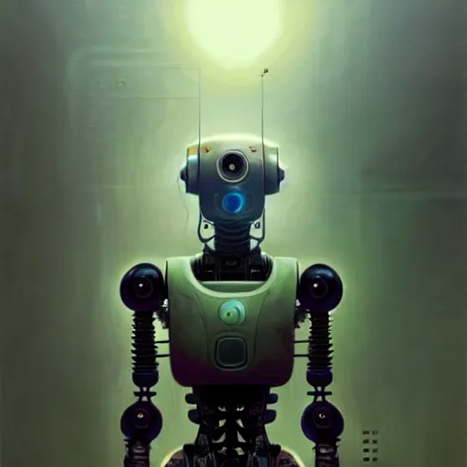 Prompt: detailed concept art of a diesel punk robot in an empty room in a muted color palette, trending on artstation, award - winning video game concept art by jim burns and greg rutkowski, beksinski, a sci - fi concept art masterpiece, james gilleard, bruegel, alphonse mucha, and yoshitaka amano.