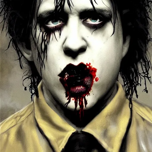 Image similar to young robert smith as a zombie wearing polka dot shirt, 7 days to die zombie, fine art, award winning, intricate, elegant, sharp focus, cinematic lighting, highly detailed, digital painting, 8 k concept art, art by z. w. gu, art by brom, art by michael hussar, masterpiece, 8 k