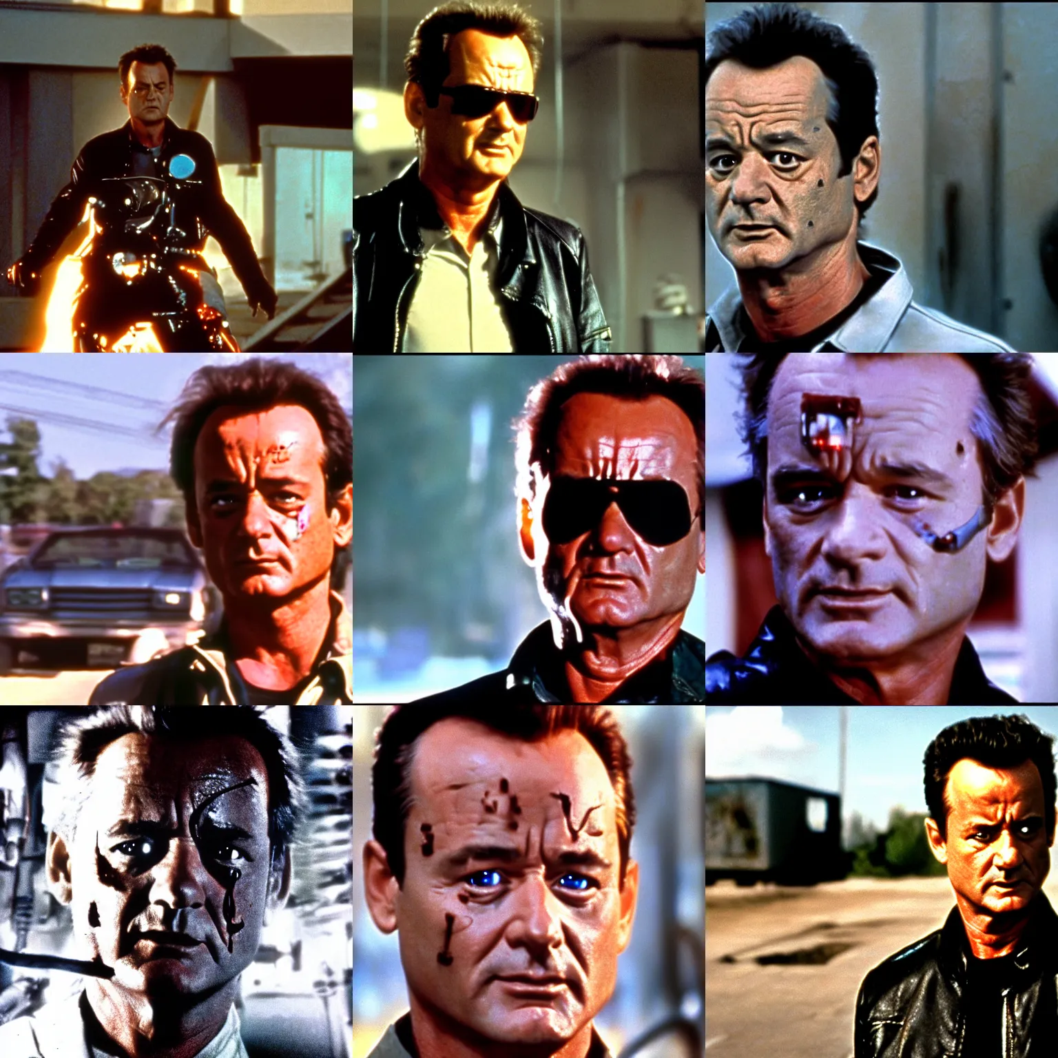 Prompt: bill murray as a terminator in terminator 2, 4 k movie screen capture, post processed.