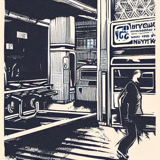 Image similar to a risograph print of a man walking into a New York City subway station