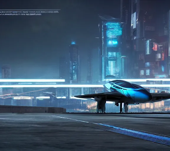 Image similar to futuristic sci fi jet lands at runway of cyberpunk city, night photo ,dark cinematic lighting , digital concept art