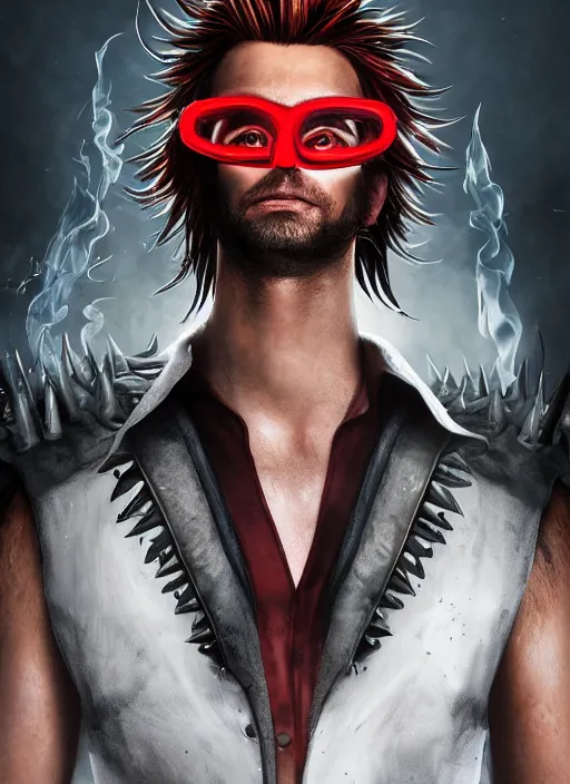 Prompt: An epic fantasy comic book style portrait painting of man with red spiked long hair, using googles. Wearing a black waistcoat, white shirt. Fire on his hands. Unreal 5, DAZ, hyperrealistic, octane render, cosplay, RPG portrait, dynamic lighting