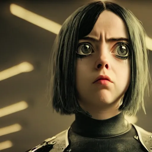 Prompt: Billie Eilish as Alita in Alita:Battle Angel, Film Still, 35mm dramatic lighting, cinematic, deep focus, styleframe,