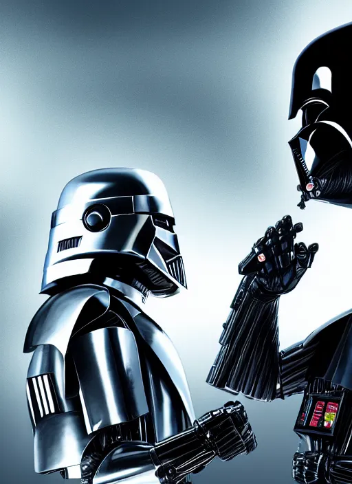 Image similar to Film poster, RoboCop VS Darth Vader, faces look at each other, detailed and realistic, 4k, filmic render