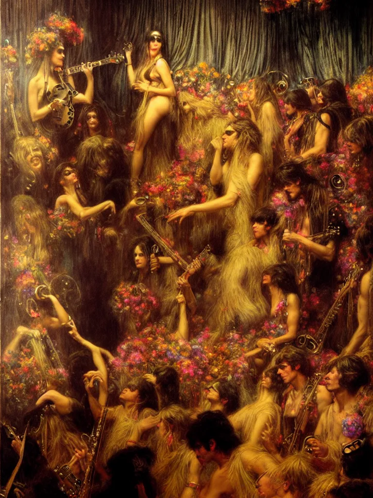 Prompt: the velvet underground and nico playing live on stage at a night club, beautiful stage decoration with flowers in the background, painting by gaston bussiere, very detailed and colorful and toned down and ornamental and moody and cool and relaxed and high on drugs, trending on artstation, behance contest winner