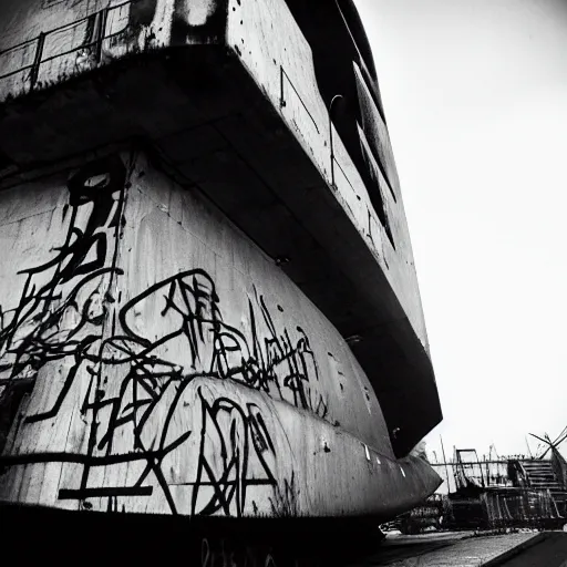 Prompt: a brutalism dark photo of an airship full of graffiti