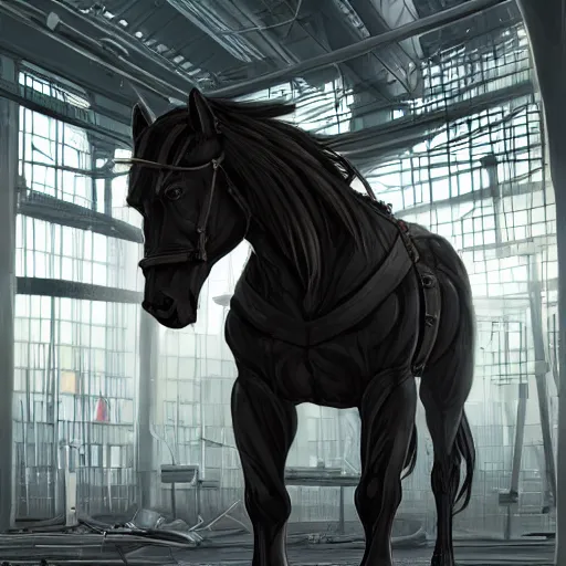 Prompt: a enormously muscled black - coated anthro horse supersoldier wearing tactical kevlar fabric in a research facility, humongous muscles, highly detailed, furry, furaffinity, digital painting, artstation, sharp focus, smooth, concept art, illustration, art by artgerm, greg rutkowski, makoto shinkai