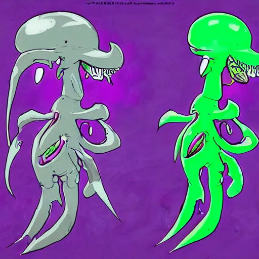 Prompt: character design sheets for a new sinister vampire squid character, artwork in the style of splatoon from nintendo, art by tim schafer from double fine studios, black light, neon, spray paint, punk outfit, tall thin frame, adult character, fully clothed, vampire, spray paint, colorful, jaw breaker color, neon pink, flecks of paint, pop art