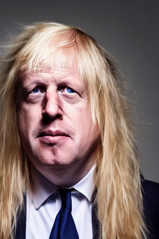 Prompt: boris johnson with very long hair, tied in ponytail, photographed, portrait, photographic, hdr, 4 k