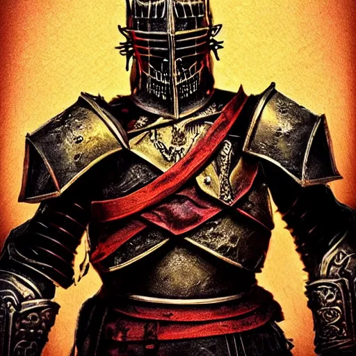 Image similar to three - ply portrait the great death knight dark souls in golden red armor made of polished dragon bones looks relaxed, quantum physics, victorian era