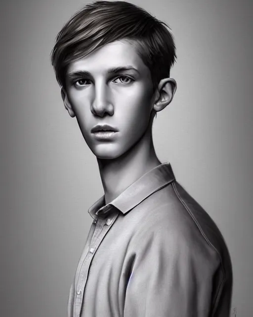 Image similar to portrait of 1 5 - year - old boy, a tall, slender boy with a pale, pointed face, white - blond hair, cold grey eyes, wearing in shirt hyper realistic face, beautiful eyes, fantasy art, in the style of greg rutkowski, intricate, hyper detailed, smooth