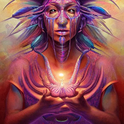 Image similar to fantasy art, highly detailed, beautiful, surreal, ayahuasca shaman, smooth, trending on artstation, beautiful, serene, meditating, digital art, prismatic, light diffusion by moebius