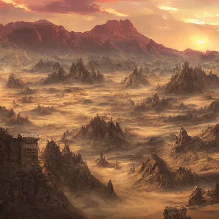 Prompt: large densely packed western town in the middle of a sandy flat desert with a single mountain on the very distant horizon. magic the gathering art, digital media