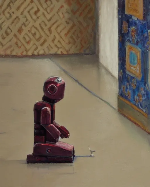 Prompt: a robot praying in the mosque, oil painting, 8 k