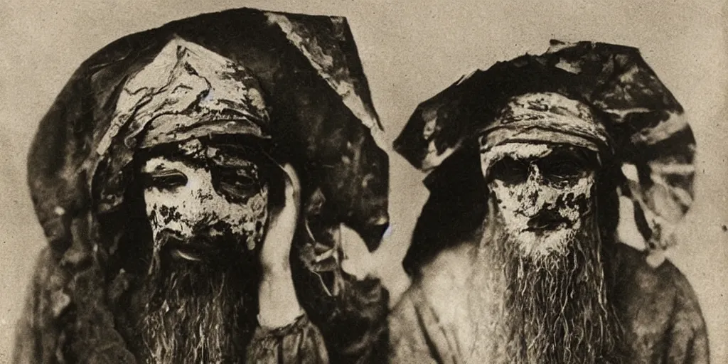 Image similar to hermit wearing a scary painted mask, 1900s picture