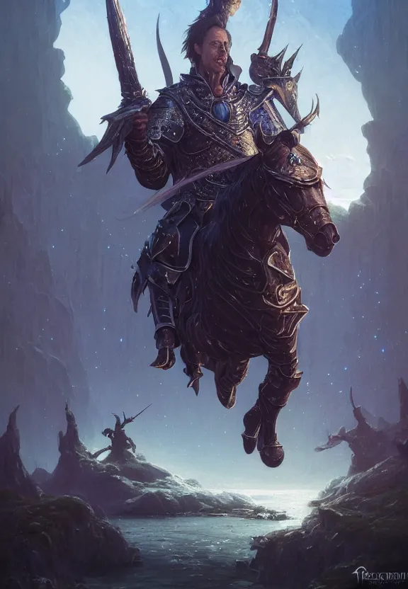 Image similar to highly detailed medium shot portrait of steve buscemi as a fantasy knight surrounded by magic, in skyrim, stephen bliss, unreal engine, fantasy art by greg rutkowski, loish, rhads, ferdinand knab, makoto shinkai and lois van baarle, ilya kuvshinov, rossdraws, tom bagshaw, global illumination, radiant light, detailed and intricate environment