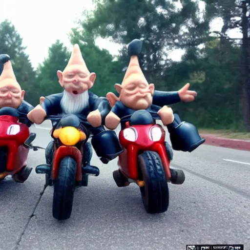 Image similar to drunken gnomes on a motorcycle flee from a police chase