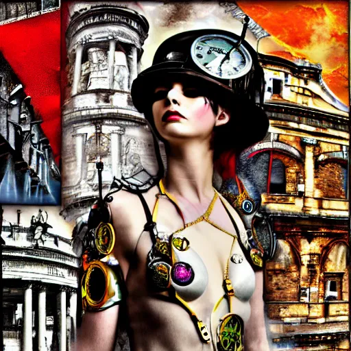 Prompt: steam punk roman st. angel's bridge, contemporary collage, highly detailed, digital painting, 4 k, hdr, punk, fashion, smooth, sharp focus, art by nick knight, sandra chevrier and john hoyland