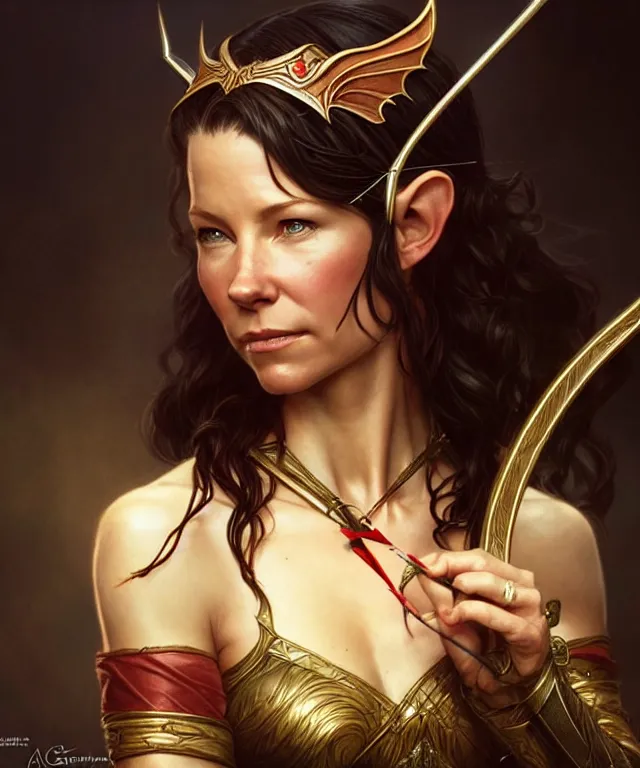 Image similar to Evangeline Lilly as a fantasy elf with a bow and arrow, portrait, fantasy, intricate, elegant, highly detailed, digital painting, artstation, concept art, smooth, sharp focus, illustration, art by artgerm and greg rutkowski and alphonse mucha