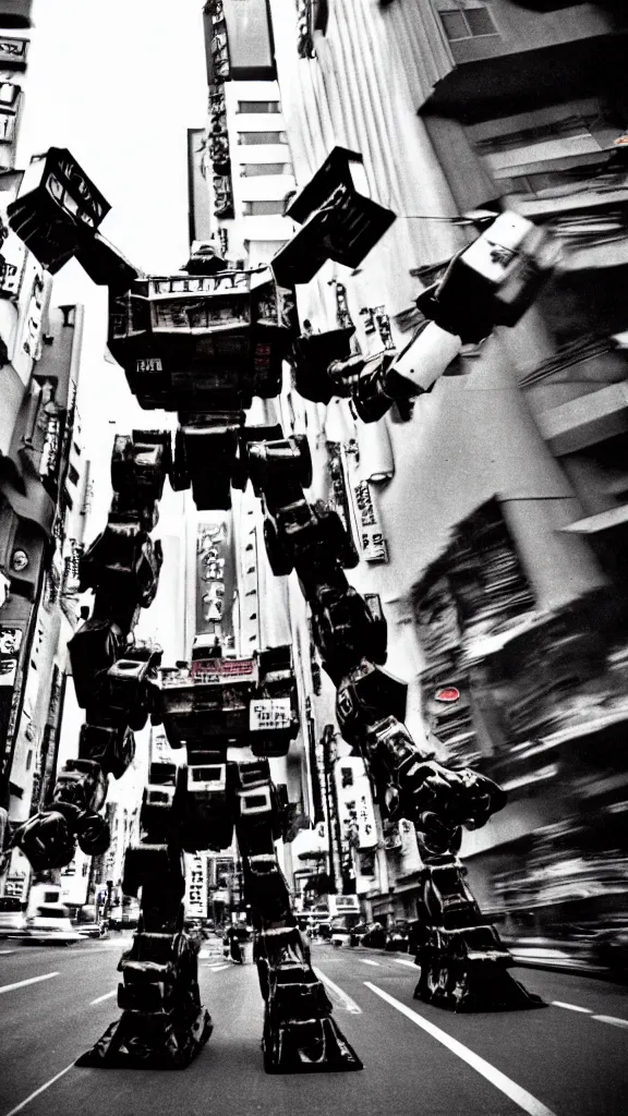 Prompt: 1 9 8 0 s giant robots fighting over tokyo, yashica t 4, slight motion blur