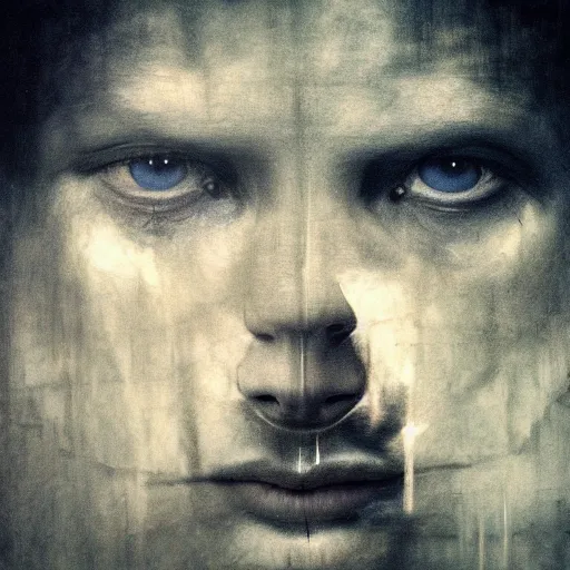 Image similar to dark expressive portrait of the digitally glitched soul, dramatic lighting, god rays, edges, universal background, facial expression, chiaroscuro, atmospheric lighting, motion design, by Beksinski, maze, sharp focus, irridescent, intense knowledge