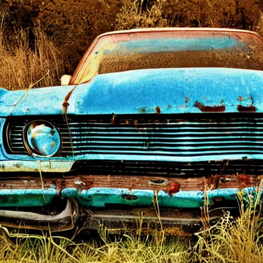 Prompt: A medium shot photograph of a rusty, worn out, broken down, decrepit, run down, dingy, faded, chipped paint, tattered, beater 1976 Denim Blue Dodge Aspen in a farm field, photo taken in 1989