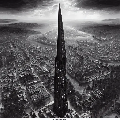 Image similar to an ultra detailed black and white matte painting of a lonely and impossibly tall ominous dark tower elevated high above the city, on an isolated plateau island in a river elevated high above the city fortress tower, fantasy capital city, ultrawide lense, aerial photography, volumetric lighting, exquisite detail, 8 k, art by artgerm and greg rutkowski and alphonse mucha