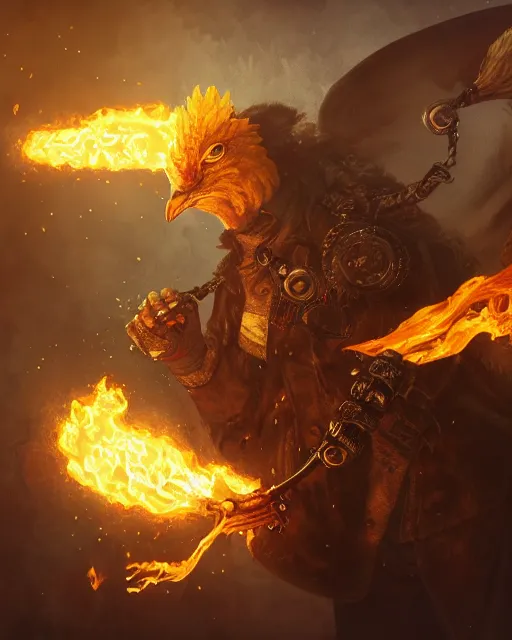 Image similar to Chicken, Anthropomorphized, holding flamethrower, raging, Golden Steampunk city atmosphere, magic the gathering artwork, D&D, fantasy, cinematic lighting, centered, symmetrical, highly detailed, digital painting, artstation, concept art, smooth, sharp focus, illustration, volumetric lighting, epic Composition, 8k, art by Akihiko Yoshida and Greg Rutkowski and Craig Mullins, heroic pose, oil painting, cgsociety
