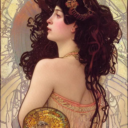 Prompt: realistic detailed face portrait of a female dressed like Cleopatra by Alphonse Mucha and Norman Rockwell, Ayami Kojima, Yoshitaka Amano, Malcolm Liepke, Karol Bak, Greg Hildebrandt, Jean Delville, and Mark Brooks, Expressionism, Pre-Raphaelite, intricate fine details, exquisite, rich deep moody colors, beautiful detailed background